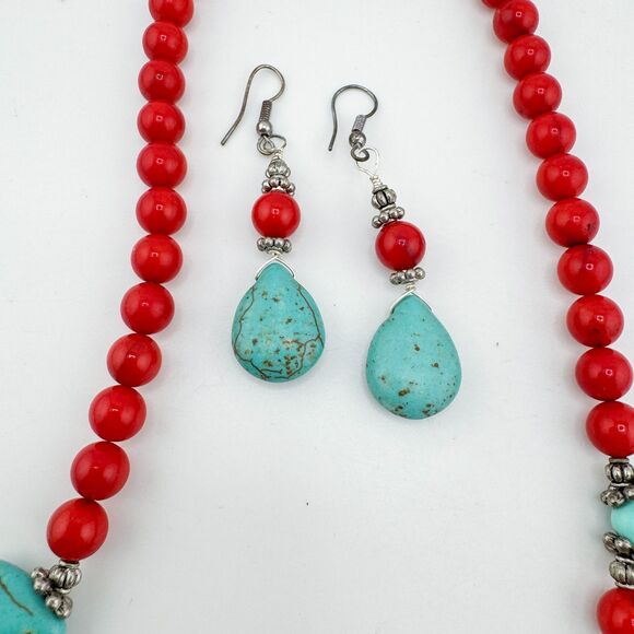 Turquoise & Red Coral Beaded Necklace Set Teardrop Toggle Earrings Southwestern - Picture 8 of 16